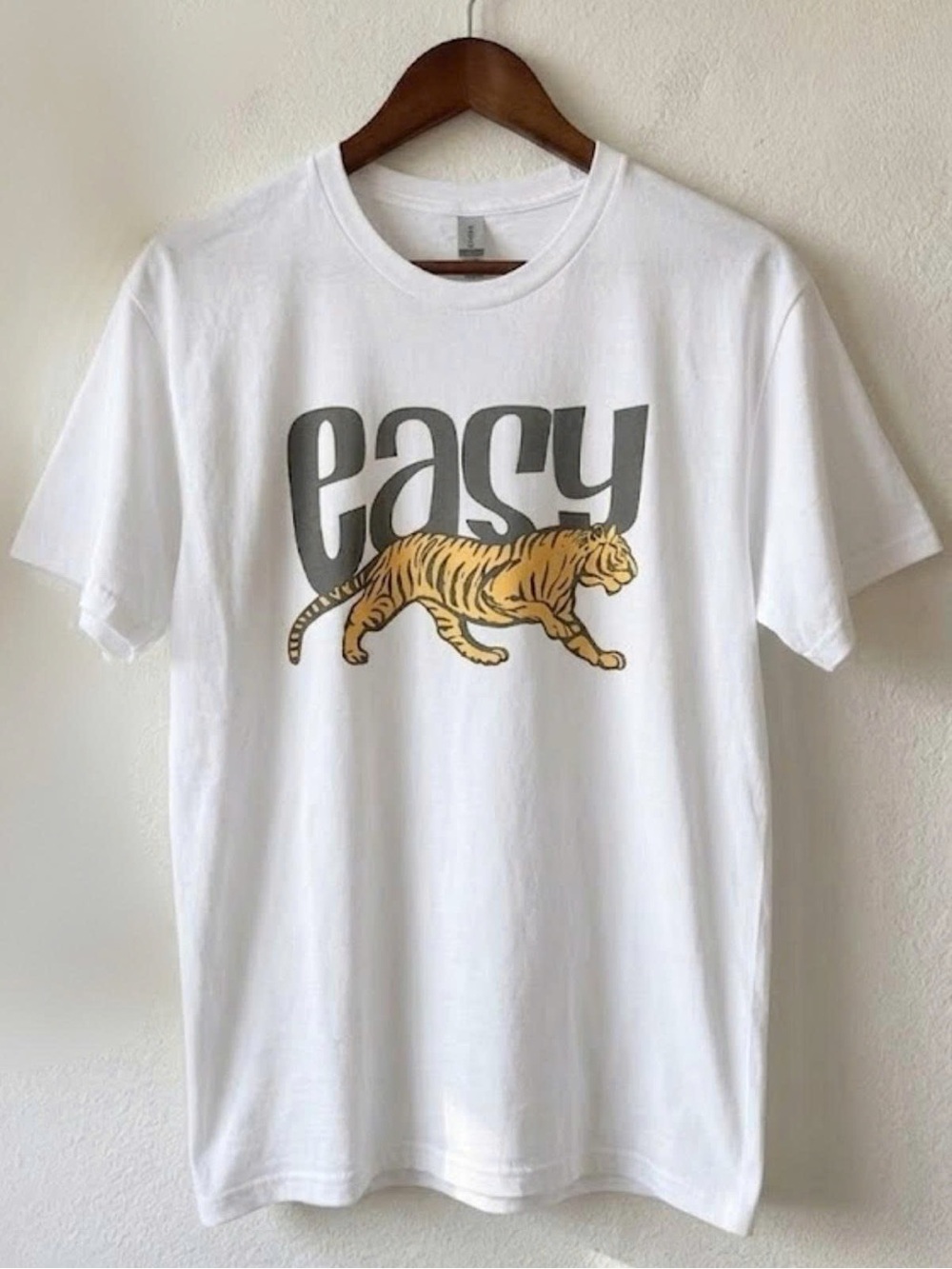 Gildan White Short Sleeve Tee with Gray 'easy' Text and Yellow Tiger Graphic